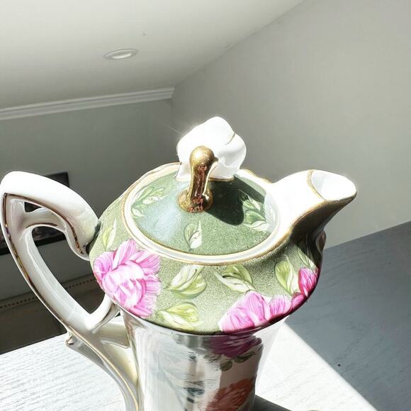 Chocolate Pot Porcelain Pitcher Floral White and Green - Picture 9 of 9
